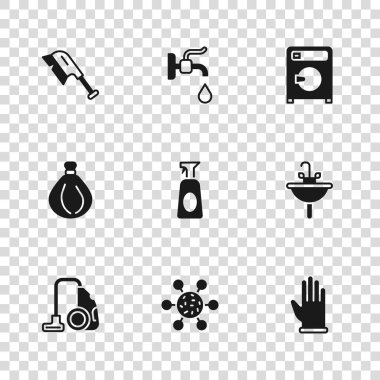 Bakteri, lavabo, lastik eldiven deterjanlı temizlik spreyi, çamaşır makinesi, temizlik fırçası, musluk musluğu ve çöp poşeti ikonu. Vektör