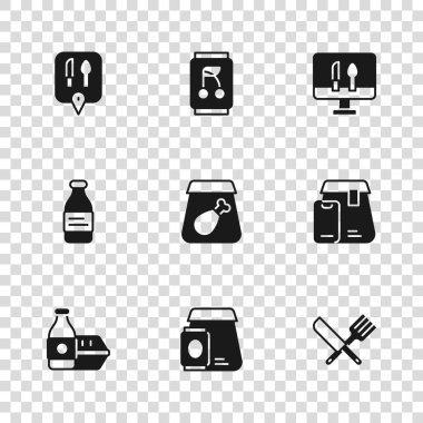 İnternetten yemek sipariş et, çapraz bıçak ve çatal, yemek, kafe restoranının yeri, soda kutusu ve bir şişe su ikonu. Vektör