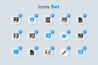 Matematik ikonlu kalem, telefon rehberi, mikrofon, kullanıcı kılavuzu, ses, hukuk ve kitap ayarla. Vektör
