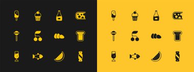 Peynir, balık, tavuk yumurtası, karpuz, taze böğürtlen, sos şişesi, dondurma ve kek ikonu. Vektör