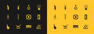 Guitar neck, Drum with drum sticks, Stereo hoparlör, Music synthesizer, Klarinet, Banjo, Keytar ve Microphone ikonu. Vektör