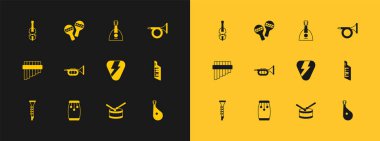 Trompet, Conga davulları, gitar penası, çubuklu davul, Balalaika, Keman ve Maracas ikonu. Vektör