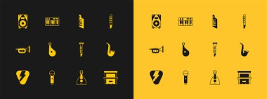 Flüt, Mikrofon, Klarnet, Balalaika, Bandura, Keytar, Stereo hoparlörü ve Müzik Sentezleyici ikonu. Vektör