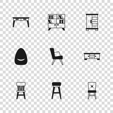 Set sandalyesi, TV masası standı, Armchair, Gardırop, ofis masası, kütüphane kitaplığı ve Pouf ikonu. Vektör