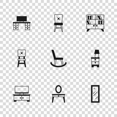 Soyunma masası, lambalı mobilya sehpası, büyük boy ayna, Kol sandalyesi, kütüphane rafı, ofis masası, sandalye ve simge. Vektör