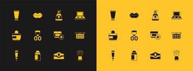 Göz farı paletini fırça, deodorant rulosu, tüpte güneş kremi, akne, kirpik bigudi, krem losyon ve gülen dudak ikonu ile ayarla. Vektör