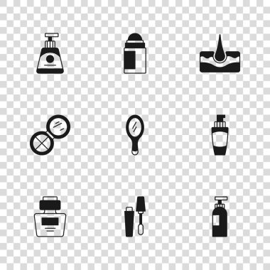 Maskara fırçası, el kremi tüpü, şampuan şişesi, el aynası, insan saç kökü, krem losyon kozmetik tüp, deodorant rulo ve ikonlu makyaj tozu. Vektör