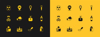 Makyaj fırçası, insan saç kökü, el kremi tüpü, dudak kremi, tıraş köpüğü, el aynası, yüz makyajı maskesi ve gülen dudaklar ikonu. Vektör