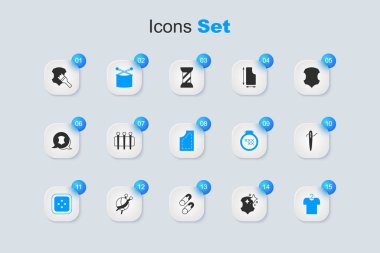 Deri, dikiş iğnesi, örgü iğneleri, dikiş düğmesi kıyafetleri, iplikli tişört askısı ve desen ikonu. Vektör