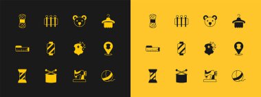 Askı dolabı, örgü iğneleri, deri, dikiş makinesi, makaraya iplik, oyuncak ayı pelüşü, dikiş ikonu için iplik ve iğne koyun. Vektör