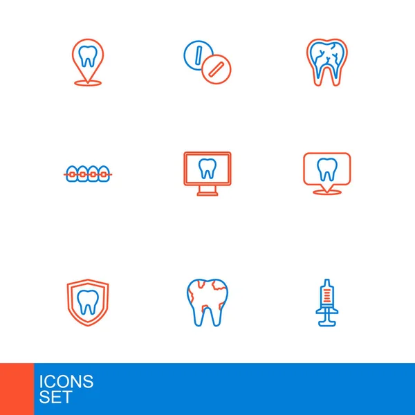 Definir Linha Seringa Dente Quebrado Proteção Dentária Localização Clínica Dentes — Vetor de Stock
