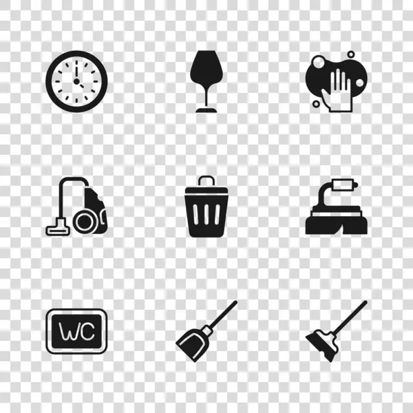 Set Dustpan Brosse Pour Nettoyage Balai Poubelle Éponge Horloge Verre — Image vectorielle