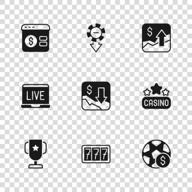 Piyango, kumarhane tabelası, futbol bahisleri, finansal büyüme azalması, artış, online poker masası oyunu, fiş ve ikon. Vektör