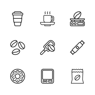 Elektronik kahve tartıları, şeker çubuğu paketleri, tahıllı Spatula, paket kahve fincanı ve ikon. Vektör