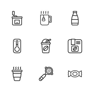 Sıralı kahve filtresi, poşet kahve çekirdekleri, şeker, buzlu süt şişesi, öğütücü, poşetli çay ve termometre simgesi. Vektör