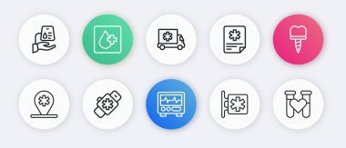 Kardiyogram, diş implantı, konum hastanesi, acil durum - Yaşam Yıldızı, hasta kaydı, ambulans, tüp kan ve Smart watch kalp ikonu. Vektör