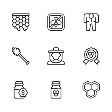 Bal kavanozu, bal ödülü, bal peteği, koruyucu şapkalı, kostümlü arı yetiştiricisi, arı ve dipper çubuğu ikonu. Vektör