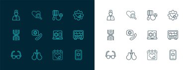 Cross, Ciğerler, Laptop 'ta klinik kayıtları, Doktor randevusu, 911' i arayın, Kan basıncı, erkek doktor ve kalp muayenesi ikonu. Vektör