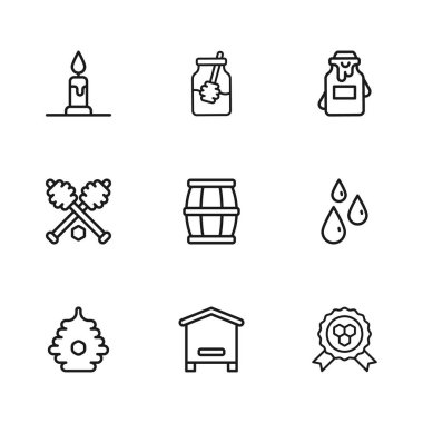 Kovan hattı kurun, bal damlaları, bal ödülü, tahta fıçı, kavanoz, yanan mum, dipper çubuk ve ikon. Vektör