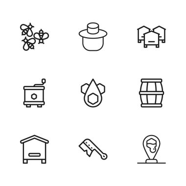 Sıralı arıcılık fırçası, ballı ahşap fıçı, bal peteği arı konumu, arılar için kovan, arıcılar için koruma şapkası ve çıkartma ikonu. Vektör