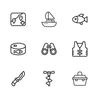 El matkabı, balıkçı ceketi, balık tutma ekipmanları için çanta ya da kutu, dürbün, konum, yat yelkenlisi ve konserve ikonu. Vektör