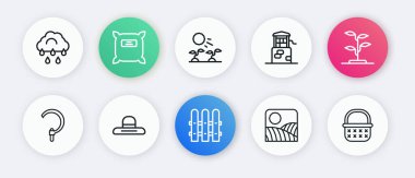Bahçe çiti ahşabı, filiz, orak, tarım buğday tarlası çiftliği güneşte yetişen bitki filizleri, hasır sepet ve çiftçi şapkası ikonu. Vektör