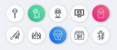 Set hattı, Kurukafa, Hayalet, Kanlı Bıçak, Cadılar Bayramı tarihi 31 Ekim, Mutlu Noeller, Voodoo bebeği ve Castle ikonu. Vektör