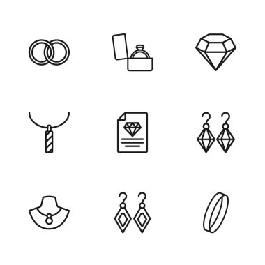 Satır çizgisi, küpeler, düğün, elmas sertifika, elmas, nişan kutusu ve kolye ikonu. Vektör