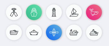 Kano ve kürek, sürat teknesi, kargo gemisi, yat yelkenlisi, deniz feneri ve katlanmış kağıt simgesi. Vektör
