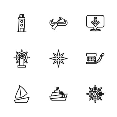 Hız teknesi, halatlı denizci kazığı, direksiyon simidi, rüzgar gülü, dayanak noktası, deniz feneri, kano ve kürek ve ikon. Vektör