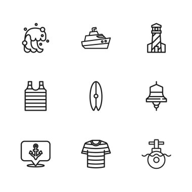 Çizgili denizci tişörtü, gemi çanı, denizaltı, sörf tahtası, deniz feneri, tsunami, sürat teknesi ve simge. Vektör