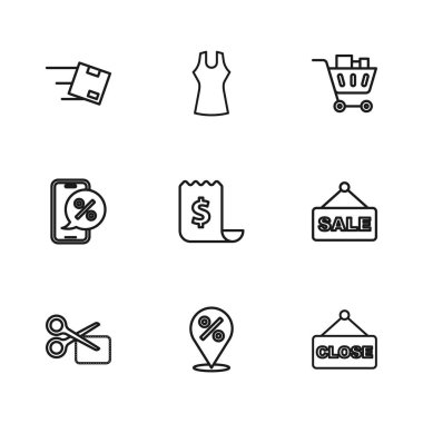 Satır konumunu yüzde ile belirleyin, metin satışı, kapalı, kağıt çek ve mali çek, alışveriş arabası yemeği, karton kutu, kadın elbisesi ve yüzde indirimli telefon ikonu. Vektör
