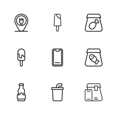 Sulu kağıt bardak, internetten balık, yiyecek, yiyecek, yemek, kafe ve restoran, dondurma ve ikon siparişi. Vektör