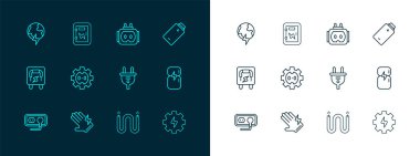 Hattı şarj et, elektrikli eldiven, fiş, kablo, elektrik prizi, Tee elektrik, yıldırımlı ve panel ikonlu küresel gezegen. Vektör