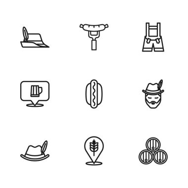 Buğday, Ekim Festivali adamı, tahta fıçı, Hotdog sandviçi, Lederhosen, şapka, çatal üzerinde sosis ve bira kupası ikonu. Vektör