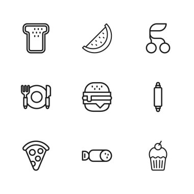 Salam sosisi, merdane, Kek, Burger, Taze Böğürtlen, Ekmek tostu, Karpuz ve Tabak, çatal ve bıçak ikonu. Vektör