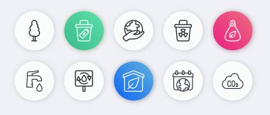 Çevre dostu ev, çöp torbası, su musluğu, Dünya Günü, bulaşıcı atık, el ele tutuşan küre, CO2 emisyon bulutu ve temiz su ikonu. Vektör