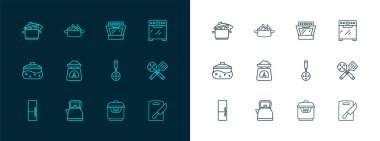 Sırayı fırına verin, su ısıtıcısı, Spatula, Yavaş fırın, pullar, tencere ve ikon. Vektör