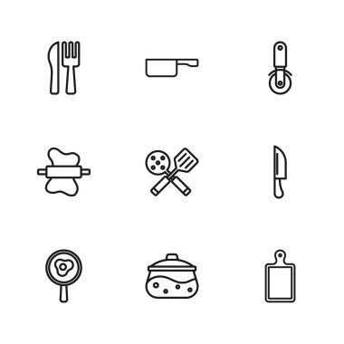 Hattı kur: Tencere, Bıçak, Kesme tahtası, Spatula, Pizza bıçağı, çapraz ve çatal, Kızartma tavası ve hamur ikonunda yuvarlama iğnesi. Vektör