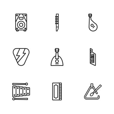 Set hattı Mızıka, Keytar, Üçgen müzik enstrümanı, Balalaika, Bandura, Stereo hoparlörü, Flüt ve Gitar pena ikonu. Vektör