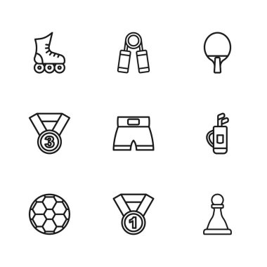 Set Hat Madalyası, golf çantalı, kısa satranç, raket, paten, spor açıcı ve ikon. Vektör