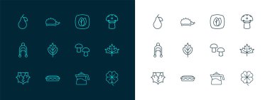 Sıra mantar, ev yapımı turta, demlik, Yaprak, Armut ve Kirpi ikonu. Vektör