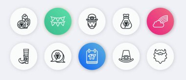 Aziz Patrick gününü takvim, gökkuşağı bulutu, leprikon bot, şapka, para çantası yoncası, bıyık ve sakal ve Yonca folyo ikonu ile ayarla. Vektör