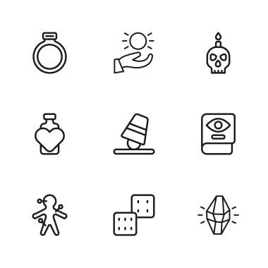 Set çizgisi oyun zarları, Kadim sihirli kitabı, sihirli taş, yüksükler, yanan mum kafatası, yüzük, elinin üstünde yükselen top ve aşk ikonu olan şişe. Vektör