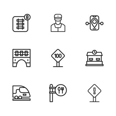 Tren istasyonu, meydanda ünlem işareti, hız sınırı levhası 100 km, Route, Online bilet rezervasyonu, tren kondüktörü ve tren ikonu için Köprü. Vektör