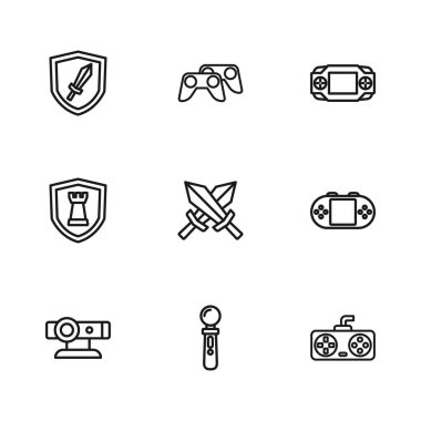 Satır VR denetleyici oyunu, taşınabilir video konsolu, Oyun joystick, Kılıç for ve Satranç kalkanı simgesi. Vektör