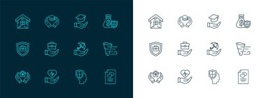 Rozetli para çantası, elinde hayat sigortası, şemsiye, el çantası, eğitim bursu, House ve ikon. Vektör