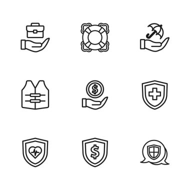 Dolar, hayat sigortası kalkanı, para, şemsiye eli el çantası, Lifebuoy ve ceket ikonu. Vektör