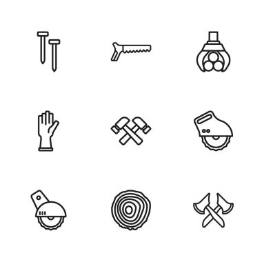 Halat halkaları, elektrikli testere, tahta balta, çapraz çekiç, kavrulmuş vinç kütüğü, metal çiviler, El ve Koruyucu Eldiven ikonu. Vektör