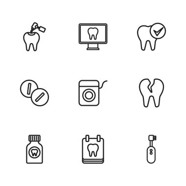 Takvimi diş, kırık, elektrikli diş fırçası, diş ipi, diş ipi, diş bakımı ve matkapla ayarla. Çevrimiçi diş bakımı ve diş ağrısı kesici ikonu. Vektör
